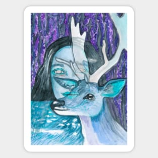 Psychedelic deer and girl Sticker